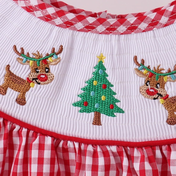 Red Gingham Smocked Dress with Reindeer Embroidery - Picture 2 of 6